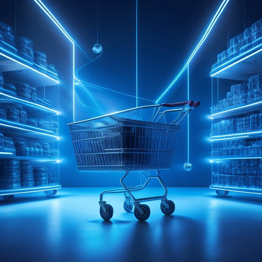 A futuristic, minimalist illustration featuring a sleek, silver ecommerce portal with glowing blue circuits and wires, surrounded by orbiting shopping carts and floating 3D product models.