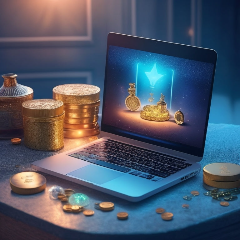 A minimalist illustration featuring a laptop with a cracked open treasure chest on the screen, overflowing with gold coins and jewels, surrounded by upward trending graphs and sparkling light bulbs.