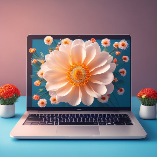 A futuristic, minimalist illustration featuring a laptop with a blooming flower emerging from the screen, surrounded by stylized ecommerce icons and subtle, swirling patterns of code.