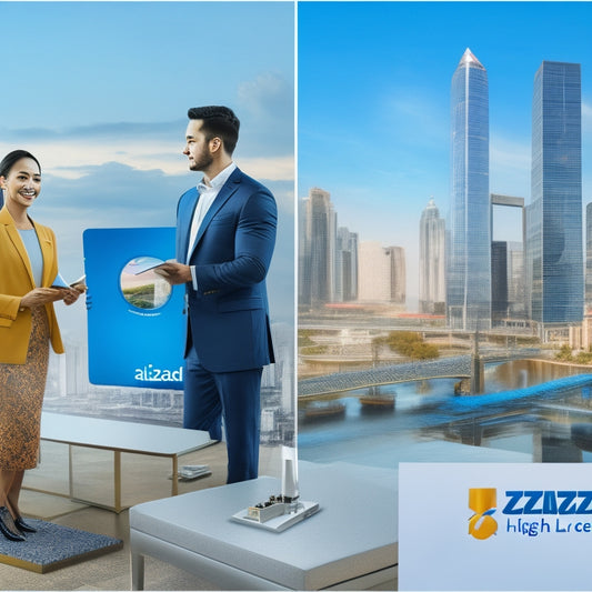 A split-screen image: on the left, a person in a business attire holding a tablet with Lazada's logo, standing in front of a blurred cityscape; on the right, a giant Alibaba's logo with puzzle pieces swirling around it.