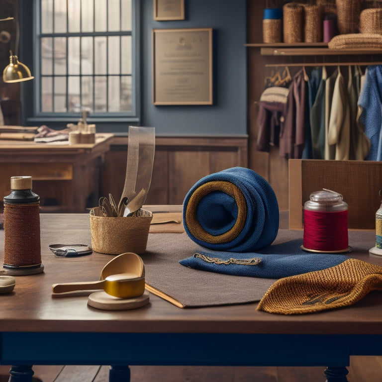 An illustration of a tailor's workshop with a Shopify storefront in the background, featuring a customized menu board with icons and a theme palette on a workbench, surrounded by threads and fabrics.