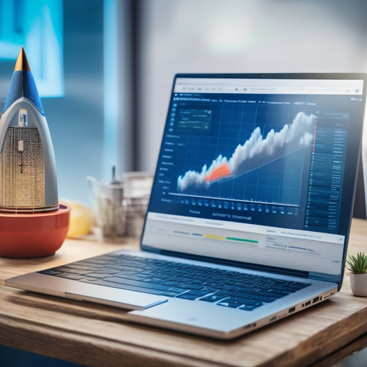 A split-screen composition featuring a laptop with a sales dashboard on the screen, surrounded by various graphs and charts in the background, alongside a miniature 3D illustration of a product with a rocket ship blasting off.