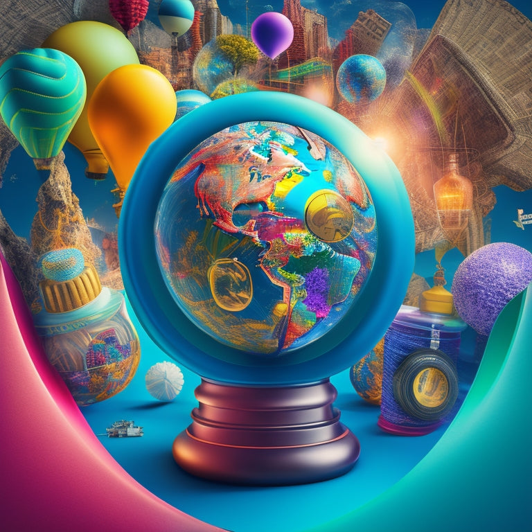 A vibrant, stylized illustration featuring a globe surrounded by various icons, such as a lightbulb, puzzle piece, and magnifying glass, in a swirling vortex of colorful threads.