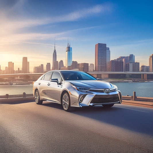 A bright, sunny day background with a sleek, silver Toyota car parked in front of a modern cityscape, with a blurred highway in the distance, showcasing a smooth road ahead.