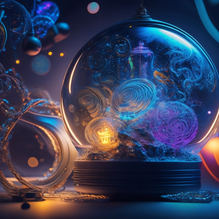 A vibrant, swirling vortex of colorful ideas, with glowing lightbulbs, creative gears, and abstract shapes interconnected by flowing curves, set against a dark blue background with subtle starlight twinkles.