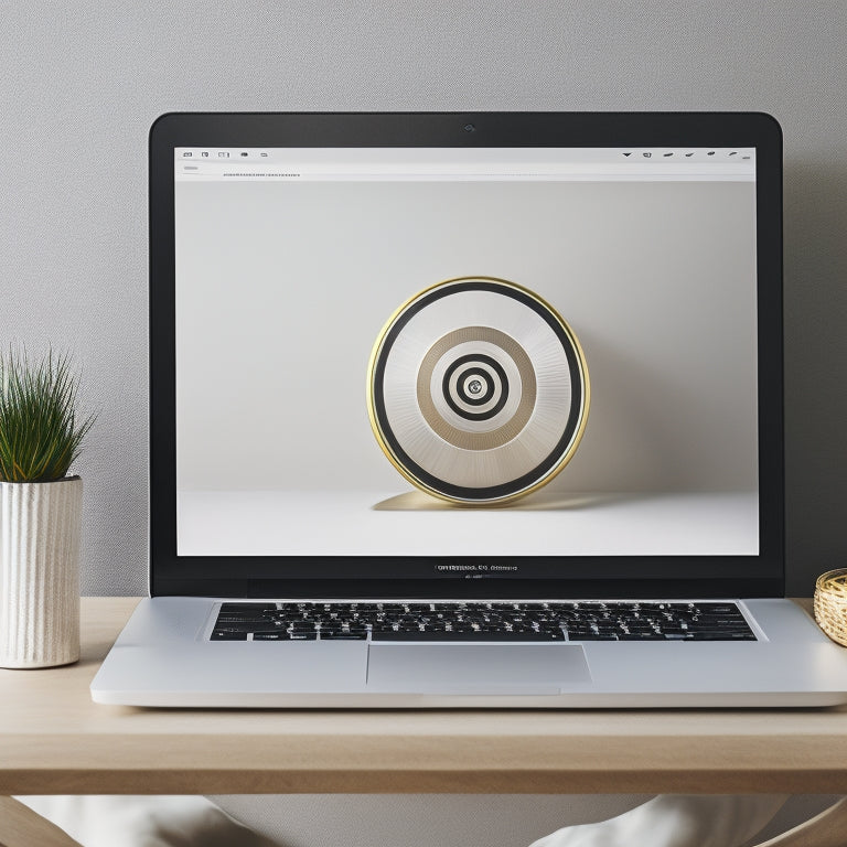 An illustration of a sleek, modern ecommerce website on a laptop screen, with a minimalist background, featuring a download arrow icon surrounded by concentric circles, symbolizing efficiency and speed.