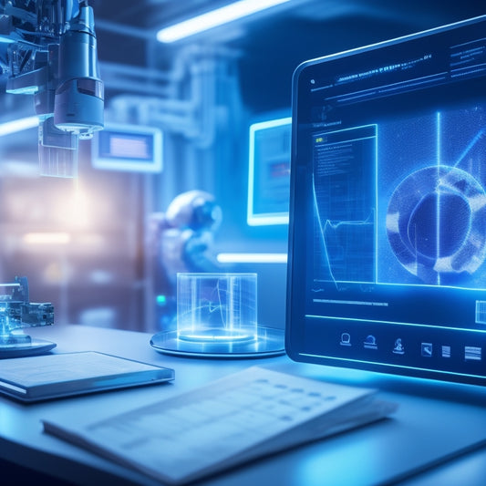 A futuristic, high-tech laboratory scene featuring a sleek, silver robotic arm holding a tablet with a glowing, neon-lit e-commerce dashboard, surrounded by holographic graphs and 3D data visualizations.