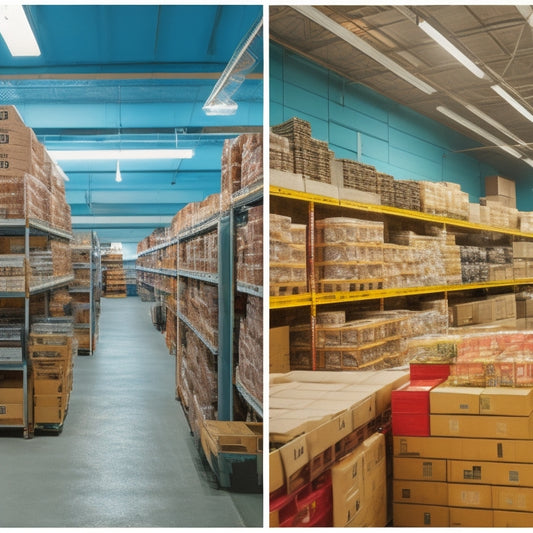 A split-screen image featuring a cluttered, disorganized warehouse on the left, with boxes and products scattered everywhere, and a tidy, organized warehouse on the right, with shelves stocked and labeled.