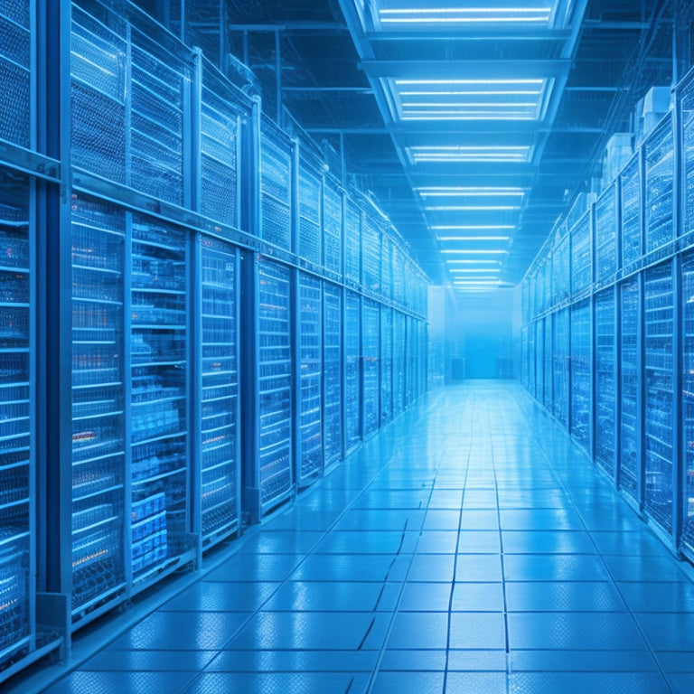 A futuristic warehouse with rows of shelves, automated robots, and conveyor belts, surrounded by glowing blue lines and circuits, with a subtle grid pattern in the background, symbolizing efficiency and technology.