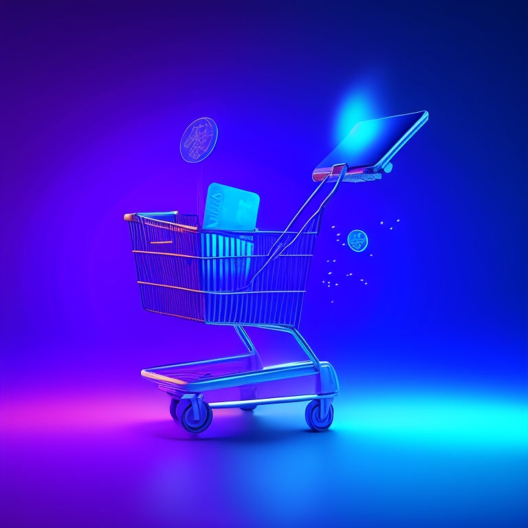 A futuristic, sleek, and minimalist illustration depicting a smartphone with a glowing shopping cart icon, surrounded by orbiting coins and credit cards, set against a dark blue and purple gradient background.