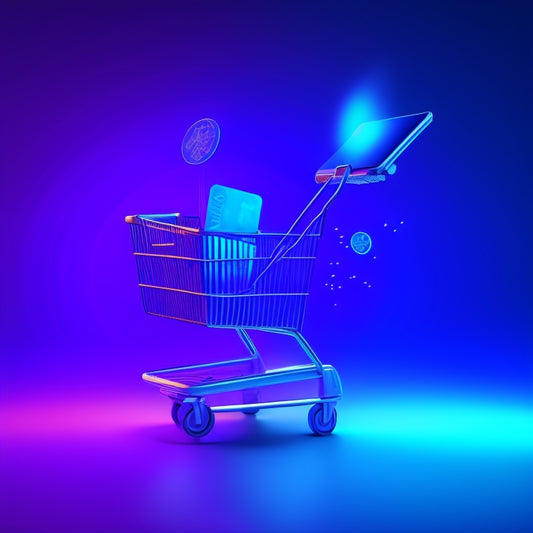 A futuristic, sleek, and minimalist illustration depicting a smartphone with a glowing shopping cart icon, surrounded by orbiting coins and credit cards, set against a dark blue and purple gradient background.