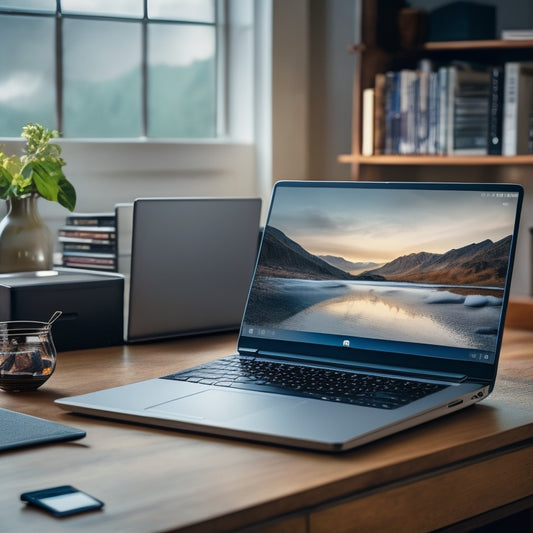 A sleek, modern laptop on a minimalist desk, surrounded by scattered ebook covers, with a subtle shopping cart icon and a few digital payment symbols hovering above the screen.