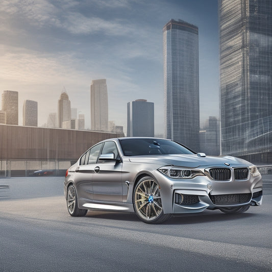 A sleek, silver BMW car is centered, surrounded by scattered car parts, tools, and gears, with a blurred cityscape or racetrack in the background, conveying speed and performance.