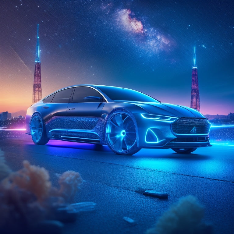 A 3D illustration of a sleek, futuristic car with glowing blue circuits underneath its metallic body, surrounded by orbiting auto parts and gears, set against a dark, starry night sky.