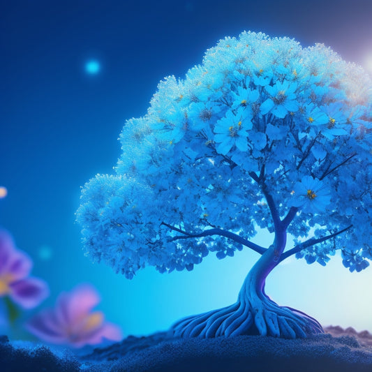 An abstract illustration of a blooming flower or a growing tree with digital screens, circuits, or coding symbols embedded within its petals or branches, set against a bright, gradient blue background.