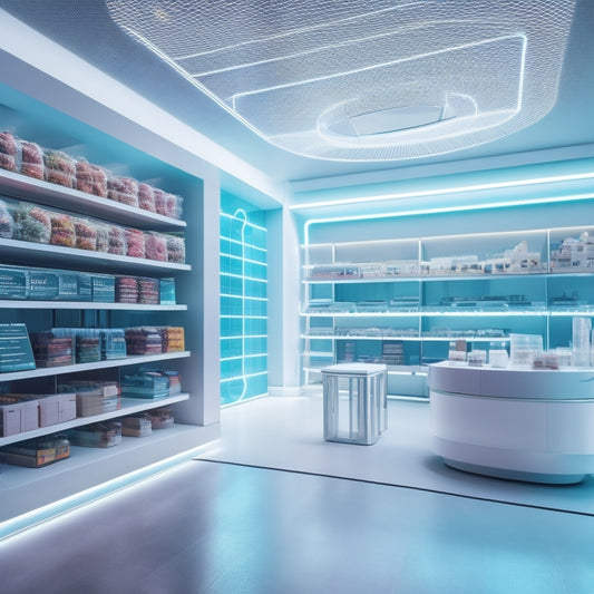 A futuristic retail store with sleek shelves and minimalist decor, featuring a holographic inventory planner floating above a table, surrounded by swirling data points and coding symbols.
