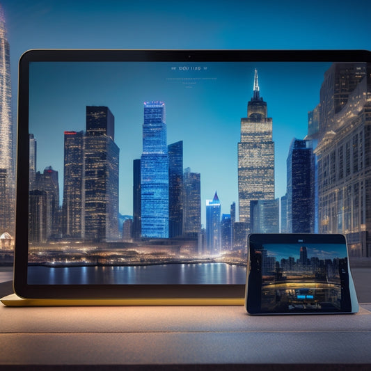 An e-commerce website on a tablet screen, with a cityscape in the background, featuring sleek skyscrapers and neon lights, surrounded by shopping bags, credit cards, and a few laptops.