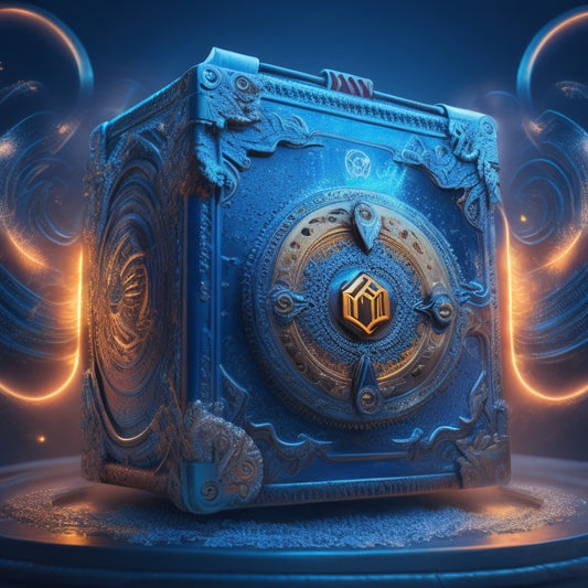 A stylized, modern illustration of a locked treasure chest with a Magento logo-shaped keyhole, surrounded by swirling gears, circuits, and sparks, set against a dark blue background with subtle grid patterns.