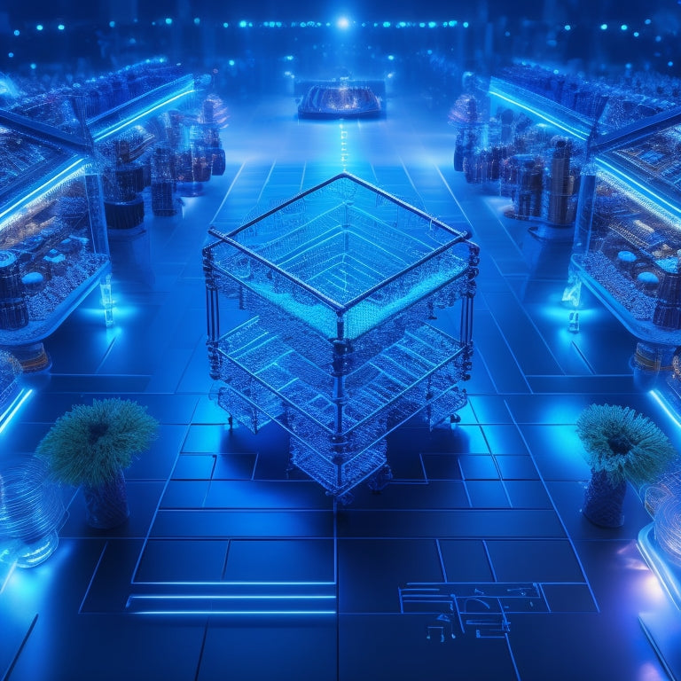 A futuristic ecommerce landscape with a maze of puzzle pieces, gears, and circuits in the background, illuminated by glowing blue lines and orbs, with a 3D shopping cart at the center.