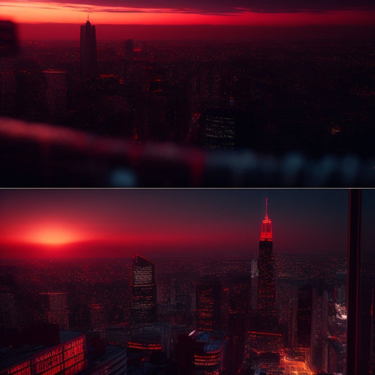 A split-screen image featuring a cityscape at dusk with a subtle credit card pattern overlay, juxtaposed with a dark, gritty background with a matrix of tiny, glowing red flags.