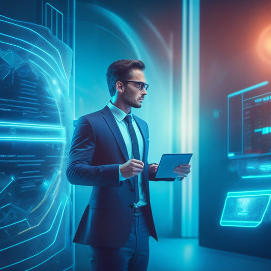 A futuristic, high-tech illustration depicting a businessperson standing in front of a large, glowing payment gateway portal with various digital payment methods, such as credit cards and mobile wallets, swirling around.