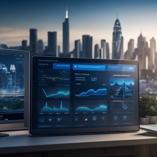 A futuristic, sleek e-learning platform dashboard with a cityscape background, featuring a prominent Course Merchant logo, surrounded by rising graphs, laptops, and tablets, with a subtle glow effect.