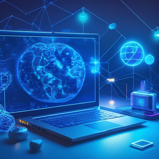 A futuristic, minimalist illustration featuring a glowing laptop surrounded by orbiting icons of popular learning platforms, connected by glowing lines and nodes, set against a dark blue background with subtle circuitry patterns.