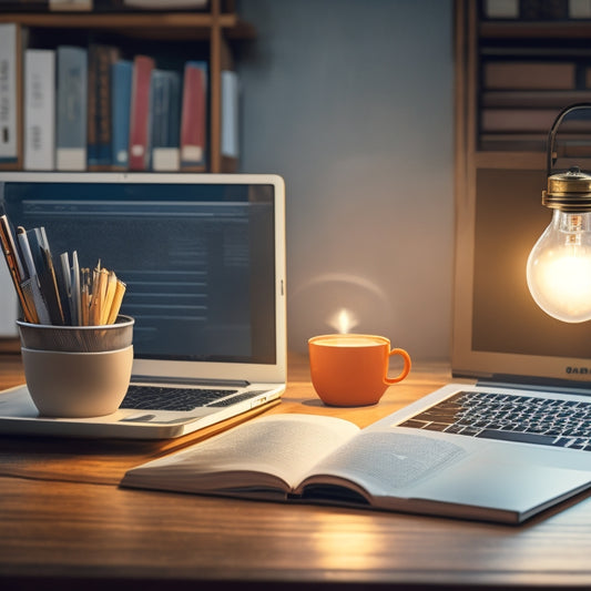 A minimalist illustration featuring a laptop with a lightbulb above the screen, surrounded by scattered notes, books, and a cup of coffee, set against a subtle background of a classroom or a library.