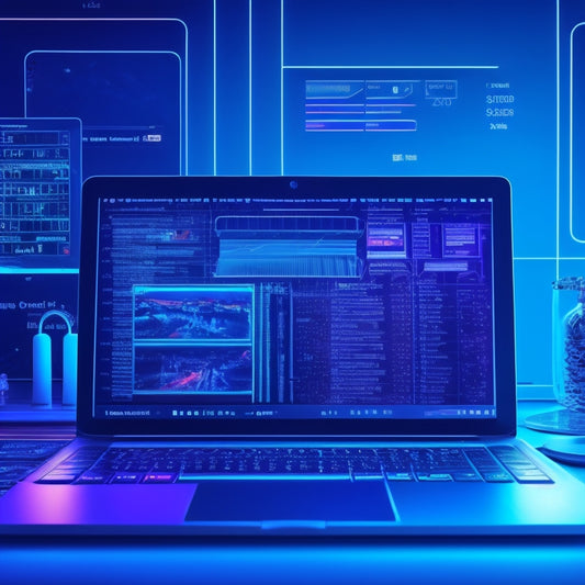 A futuristic laptop screen displaying a split-screen comparison of various ecommerce online course creation platforms, surrounded by colorful icons and wires, set against a dark blue background with subtle grid patterns.