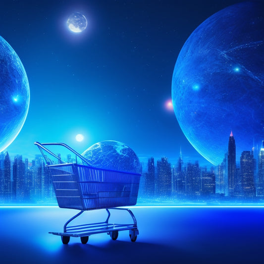 A futuristic, minimalist illustration featuring a stylized shopping cart with glowing blue lines and circuits, surrounded by orbiting spheres representing different ecommerce platforms, with a subtle cityscape in the background.