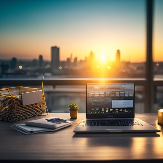 A laptop open on a modern desk, surrounded by e-commerce related objects like a miniature shopping cart, credit cards, and a smartphone, with a blurred background of a cityscape at sunset.