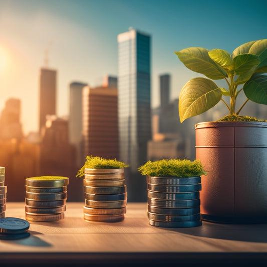 An illustration of a growing plant emerging from a briefcase, surrounded by coins and calculator, set against a cityscape background with rising graph lines and subtle commerce icons.