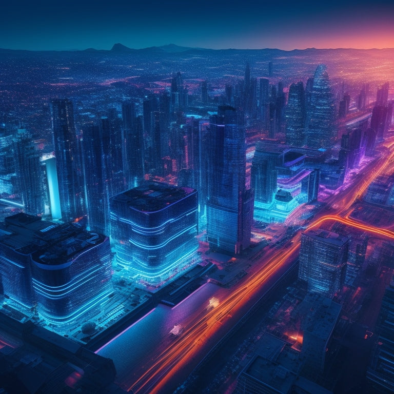 A futuristic, neon-lit cityscape at dusk with glowing blue circuit boards and wires woven into the skyscrapers, surrounded by orbiting digital files and shopping bags.