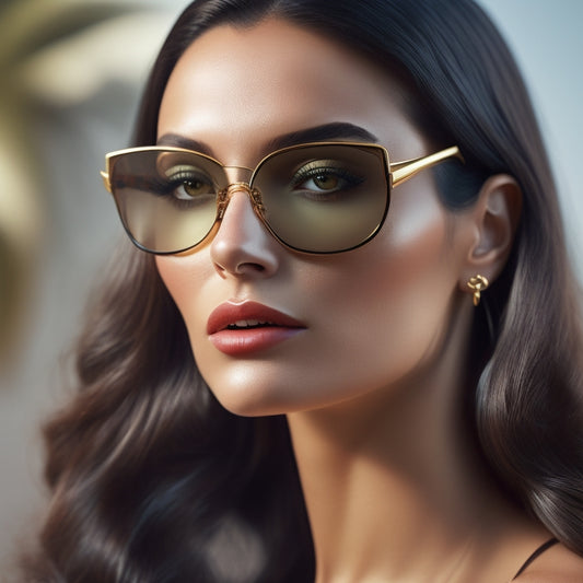 A sleek, modern woman with flawless skin and raven hair, posing in a lavish setting, wearing oversized, gold-accented sunglasses with intricately designed frames and crystal-clear lenses.