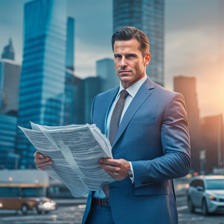 A professional businessman standing confidently in front of a cityscape, holding a shield with a miniature contract and pen on it, surrounded by torn and crumpled newspapers.