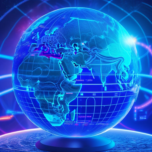 A stylized globe with glowing blue lines crisscrossing it, surrounded by orbiting digital payment symbols (e.g., credit cards, coins) in a vibrant, neon-lit atmosphere.