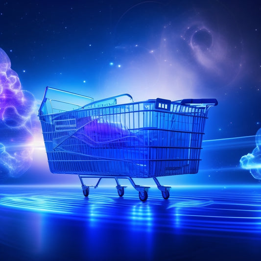 A futuristic online shopping cart with glowing blue circuits and sleek metallic lines, surrounded by swirling clouds of data and abstract e-commerce icons, set against a dark gradient background.