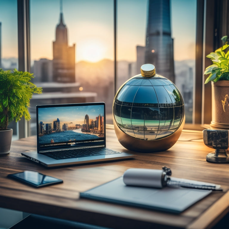 A laptop on a modern wooden desk, surrounded by entrepreneurial symbols: a miniature globe, a lightbulb, a plant, and a smartphone with a rising graph on its screen, set against a blurred cityscape background.