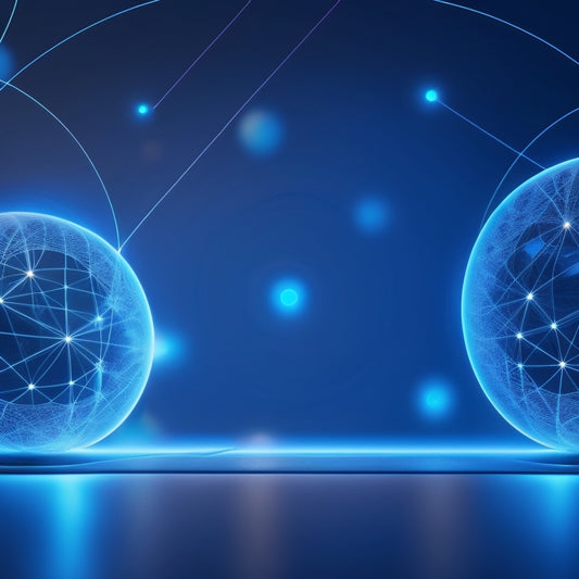 A futuristic, minimalist illustration of a stylized ecommerce platform, featuring interconnected nodes and orbiting circles, with glowing blue lines and subtle gradient backgrounds, conveying innovation and seamless discovery.