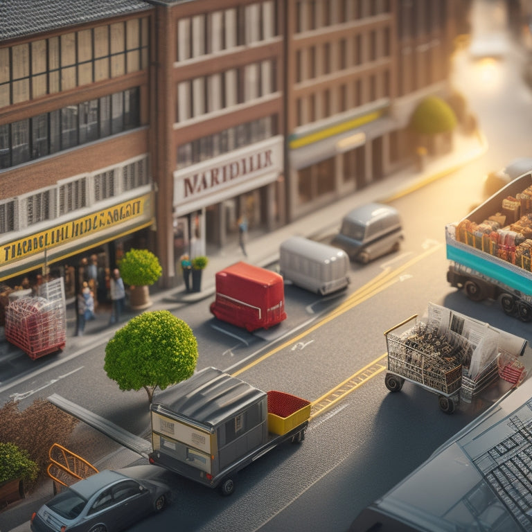 An illustration of a roadmap unfolding into a laptop, with a miniature cityscape of storefronts and warehouses in the background, surrounded by icons of shopping carts, charts, and gears.