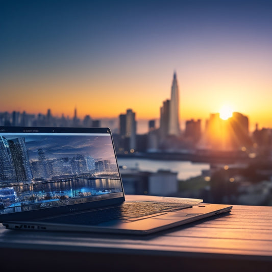 An illustration of a laptop with a shopping cart icon on the screen, surrounded by locks opening, with a subtle background of a cityscape at sunset, symbolizing ecommerce success.