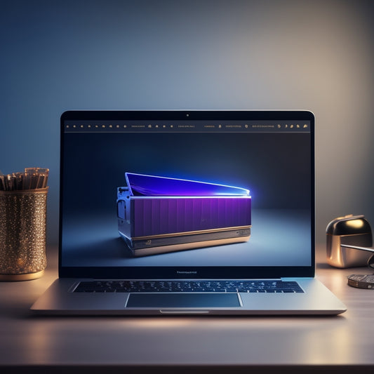 A stylized illustration of a laptop screen displaying a sleek, modern online store, with a subtle gradient effect in the background, surrounded by scattered e-commerce icons and subtle sparks.