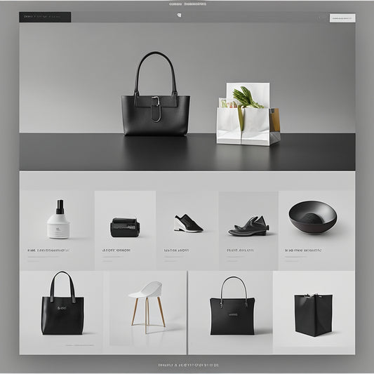 A modern, minimalist e-commerce website with a sleek black and white aesthetic, featuring a rotating carousel of diverse, colorful products, surrounded by subtle shopping bag and cart icons.