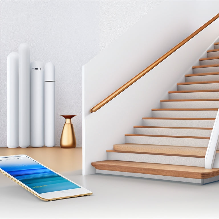 An illustration of a staircase with three distinct steps, each step featuring a different sized smartphone, laptop, and tablet, with subtle gradient effects and soft shadows, set against a clean white background.