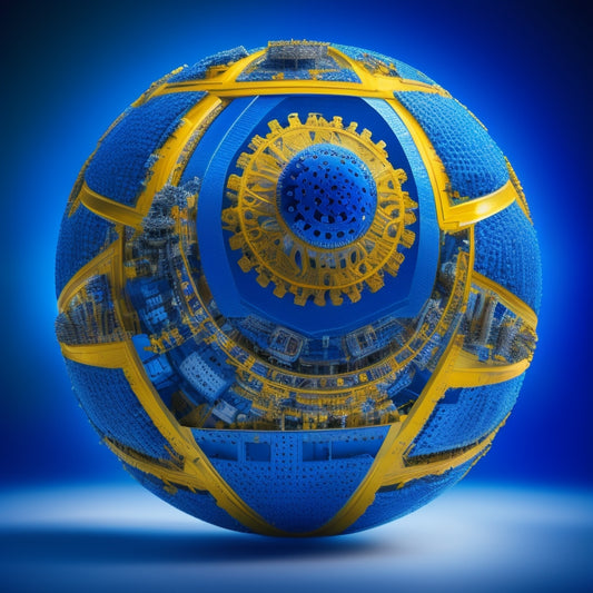 A futuristic, spherical structure with Walmart's iconic blue and yellow logo at its center, surrounded by orbiting gears, cogs, and nodes, conveying innovation and strategic growth.