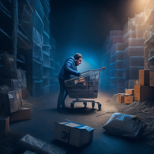 An illustration of a person stuck in a maze, surrounded by broken shopping carts and torn packages, with a faint light in the distance, symbolizing the struggle to navigate online stores.