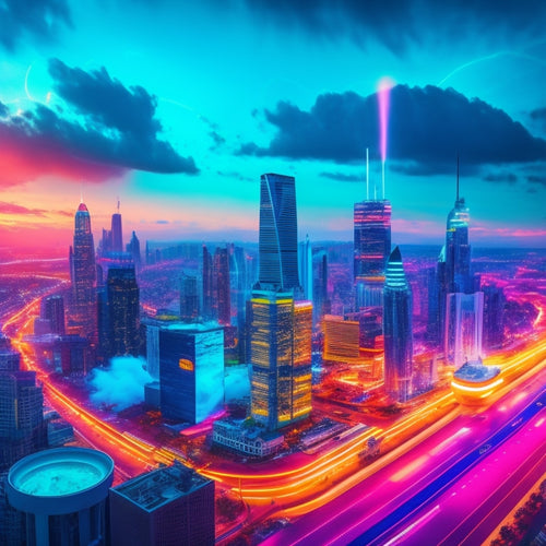 A vibrant, futuristic cityscape with neon-lit skyscrapers, surrounded by swirling clouds of coupons and shopping bags, amidst a subtle matrix of 1s and 0s, symbolizing the digital coupon market's growth.