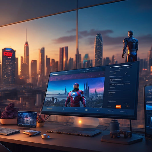 A futuristic e-commerce dashboard with a Marvel-themed storefront on a large screen, surrounded by digital devices and superhero action figures, with a subtle cityscape background at dusk.