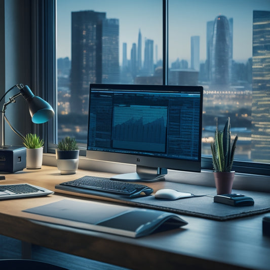 A modern, sleek desk with a laptop, calculator, and organized stacks of invoices and financial documents, surrounded by faint, blurred cityscape or office background, conveying professionalism and financial expertise.