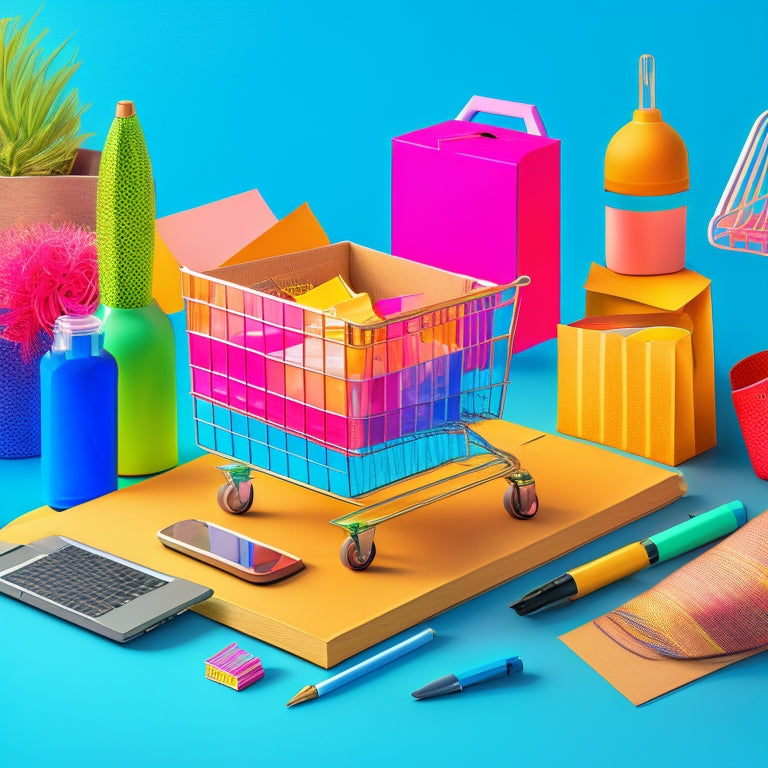 A stylized illustration of a shopping cart overflowing with diverse product boxes, surrounded by colorful pens, papers, and a laptop, set against a bright, modern ecommerce-inspired background.